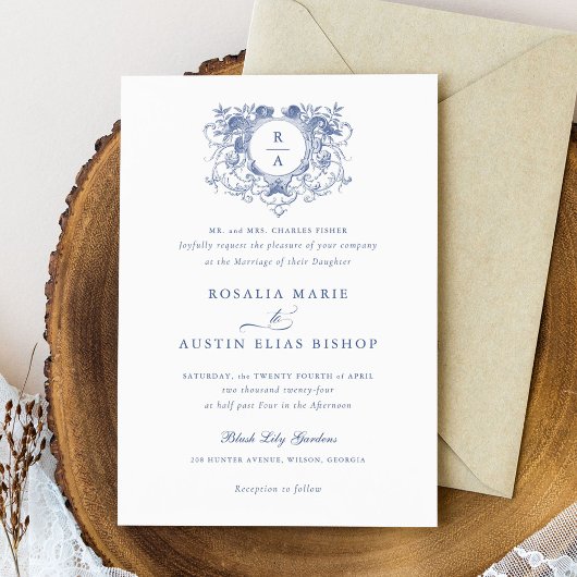 ヴィンテージエレガントフローラリーフクレストモノグラ結婚ム 招待状