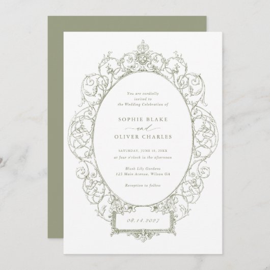 ヴィンテージエレガントフローラリーフフレ結婚ーム 招待状 (正面/裏面)