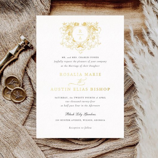 ヴィンテージエレガントフローラリーフ結婚クレスト金ゴールド 箔招待状