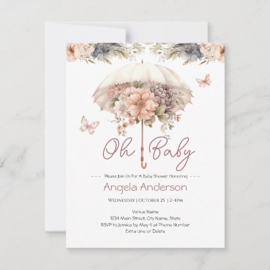 ヴィンテージエレガントフローラ傘ベビーシャワー 招待状 (正面)