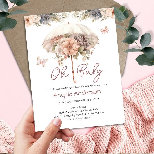 ヴィンテージエレガントフローラ傘ベビーシャワー 招待状