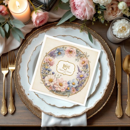 ヴィンテージエレガントフローラ水彩ピンクブルーn金ゴールド スタンダードカクテルナプキン