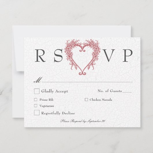 ヴィンテージエレガントフローラ結婚ハート 出欠カード (正面)