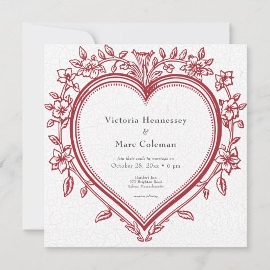 ヴィンテージエレガントフローラ結婚ハート 招待状 (正面)