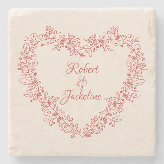ヴィンテージエレガントフローラ赤いハートバレンタインデー ストーンコースター (正面)