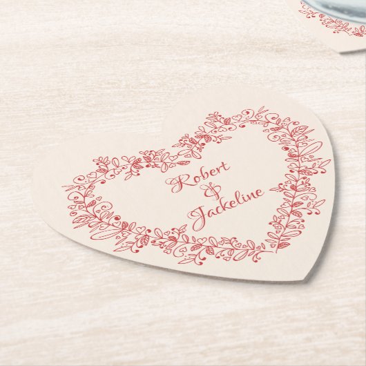 ヴィンテージエレガントフローラ赤いハートバレンタインデー ペーパーコースター (アングル)