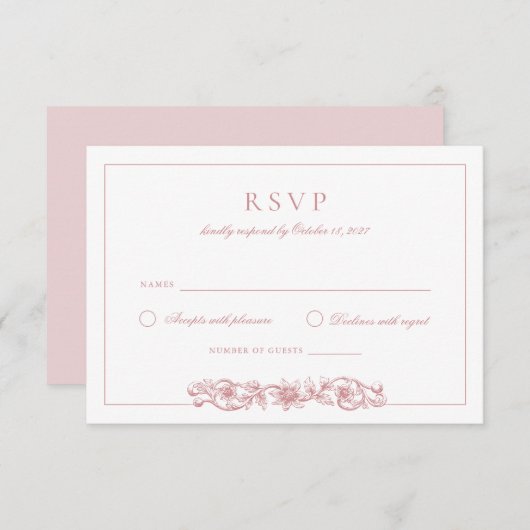 ヴィンテージエレガントフローラ赤面ピンクウェディングRSVP 招待状 (正面/裏面)
