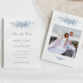 ヴィンテージエレガントフローラ青い写真日付を保存 招待状