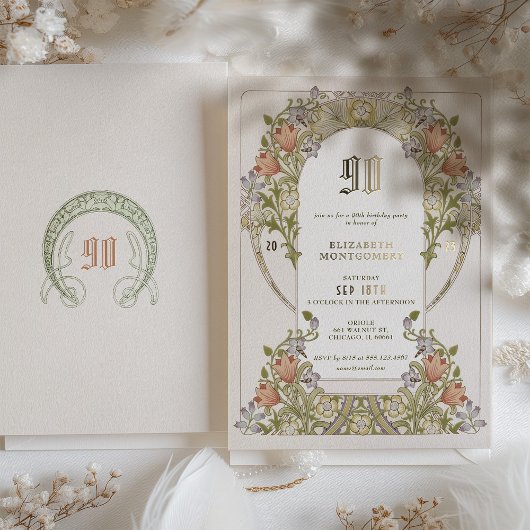 ヴィンテージエレガントフローラ90th誕生日パーティーフォイル 箔招待状