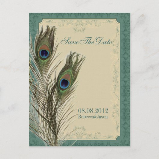 ヴィンテージエレガントフローラpeacock日付を保存 案内ポストカード (正面)