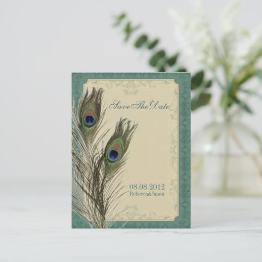 ヴィンテージエレガントフローラpeacock日付を保存 案内ポストカード (スタンド正面)