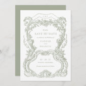 ヴィンテージエレガントフローラSage Toile日付の保存 招待状 (正面/裏面)