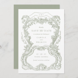 ヴィンテージエレガントフローラSage Toile日付の保存 招待状