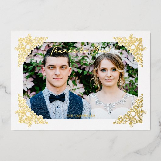 ヴィンテージエレガントフローリッシュフレームコーナー写真 箔招待状 (正面)