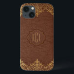 ヴィンテージエレガントブラウンレザー金ゴールドアクセント iPhone 13ケース<br><div class="desc">ヴィンテージエレガントブラウンフェイクトーンの革の黄金トーンのフローラレースのアクセントで見える。カスタマイズ可能なモノグラムはオプション。</div>
