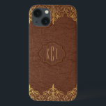 ヴィンテージエレガントブラウンレザー金ゴールドアクセント iPhone 13ケース<br><div class="desc">ヴィンテージエレガントブラウンフェイクトーンの革の黄金トーンのフローラレースのアクセントで見える。カスタマイズ可能なモノグラムはオプション。</div>