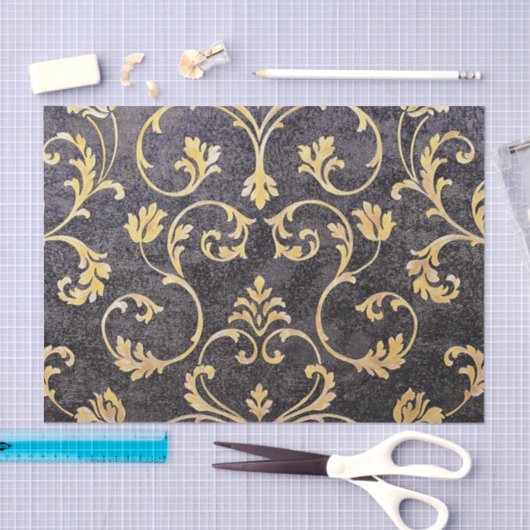 ヴィンテージエレガントブラックと金ゴールドフローラダマスク 薄葉紙 (クラフト)