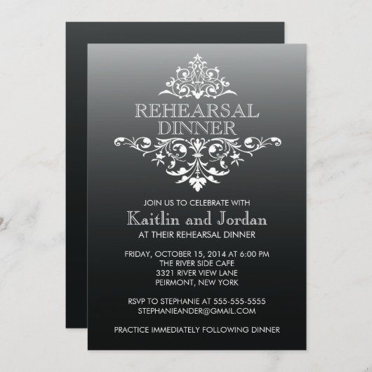 ヴィンテージエレガントブラックフローリハーサルディナー 招待状 (正面/裏面)