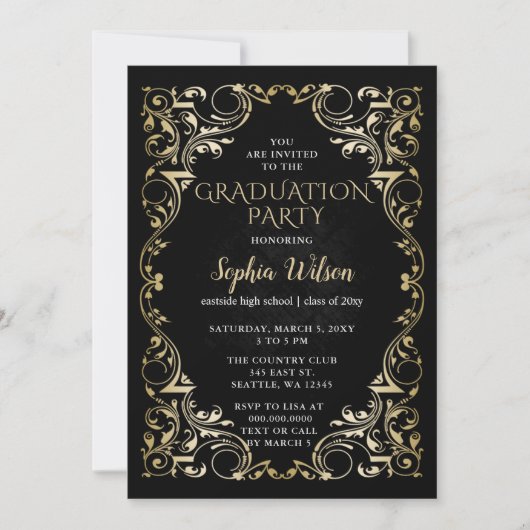 ヴィンテージエレガントブラック金ゴールドの卒業 招待状 (正面)