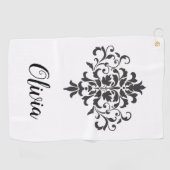 ヴィンテージエレガントブラック&ホワイトダマスクパーソナライズされた ゴルフタオル (横)