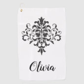 ヴィンテージエレガントブラック&ホワイトダマスクパーソナライズされた ゴルフタオル (正面)