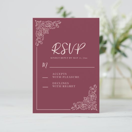 ヴィンテージエレガントブルグンディ結婚ベリー 出欠カード (スタンド正面)