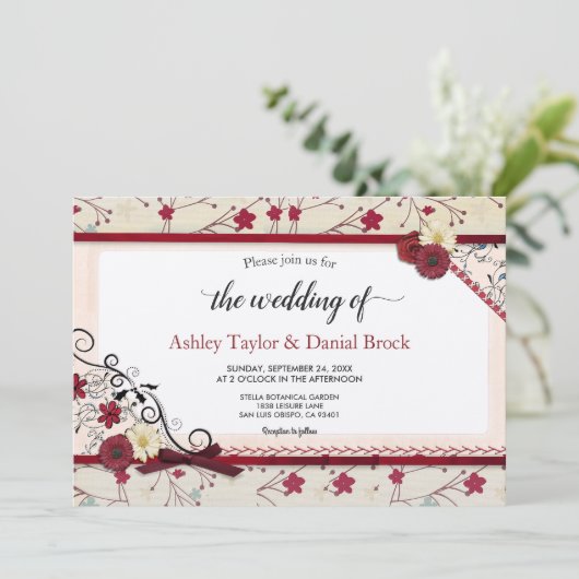 ヴィンテージエレガントブルゴーニュフローラクラス結婚ズ 招待状 (スタンド正面)