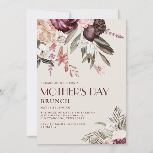 ヴィンテージエレガントブルゴーニュフローラ母の日 招待状 (正面)