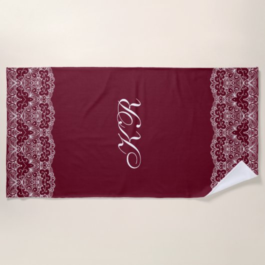 ヴィンテージエレガントブルゴーニュホワイトレースパーソナライズされた ビーチタオル (正面)