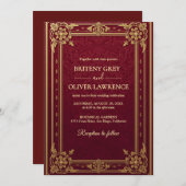 ヴィンテージエレガントブルゴーニュ赤と金ゴールド結婚ズ 招待状 (正面/裏面)