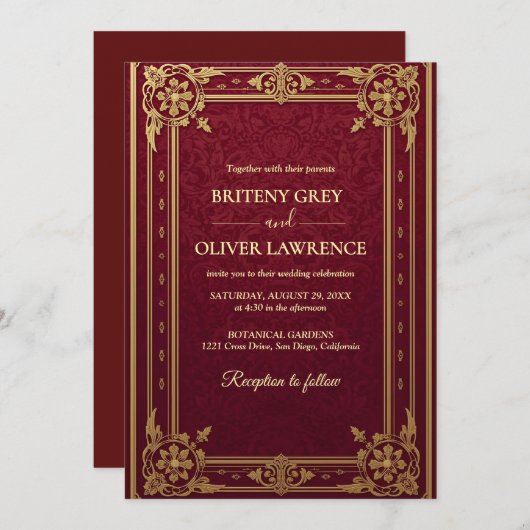 ヴィンテージエレガントブルゴーニュ赤と金ゴールド結婚ズ 招待状 (正面/裏面)