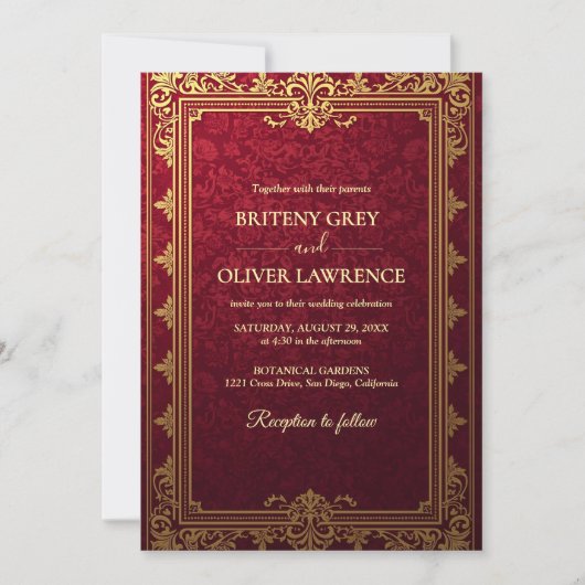 ヴィンテージエレガントブルゴーニュ赤と金ゴールド結婚ズ 招待状 (正面)