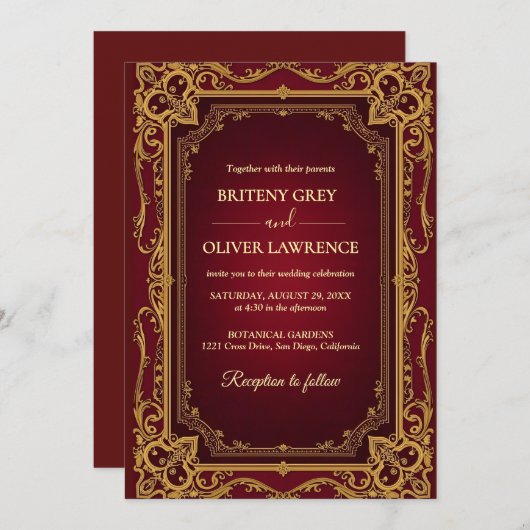 ヴィンテージエレガントブルゴーニュ赤と金ゴールド結婚ズ 招待状 (正面/裏面)