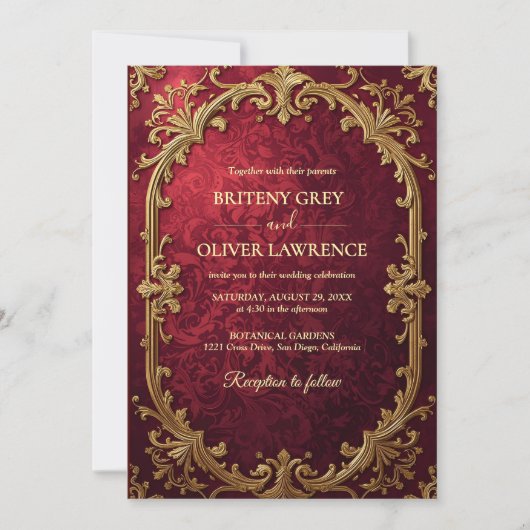 ヴィンテージエレガントブルゴーニュ赤と金ゴールド結婚ズ 招待状 (正面)