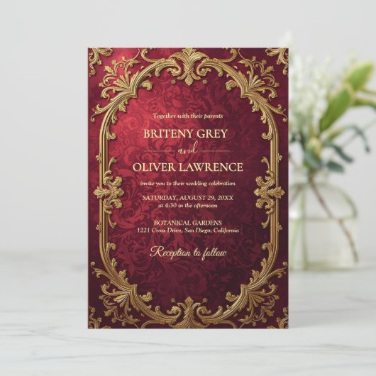 ヴィンテージエレガントブルゴーニュ赤と金ゴールド結婚ズ 招待状 (スタンド正面)