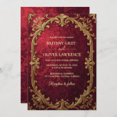 ヴィンテージエレガントブルゴーニュ赤と金ゴールド結婚ズ 招待状 (正面/裏面)