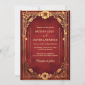 ヴィンテージエレガントブルゴーニュ赤と金ゴールド結婚ズ 招待状 (正面)