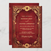 ヴィンテージエレガントブルゴーニュ赤と金ゴールド結婚ズ 招待状 (正面/裏面)