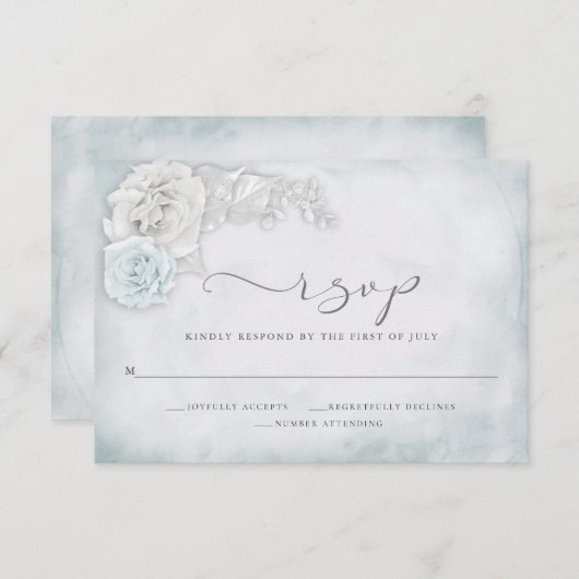 ヴィンテージエレガントブルーと磁器のバラ 出欠カード (正面/裏面)