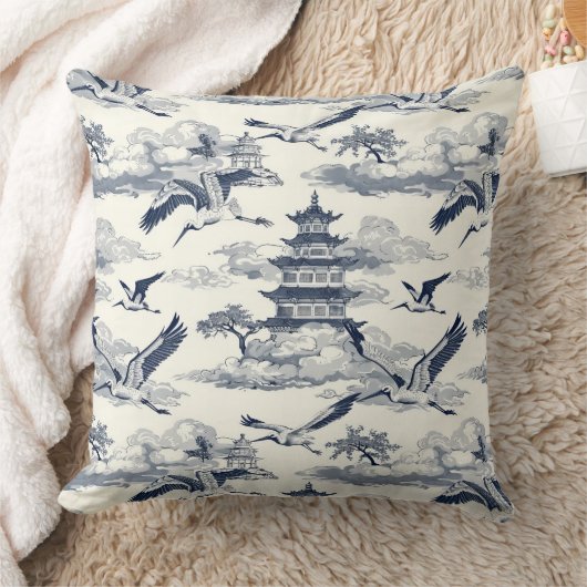 ヴィンテージエレガントブルークレーンと中国のテンプル クッション (ブランケット)