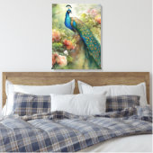 ヴィンテージエレガントブルーグリーンピーコックピンク色の花 キャンバスプリント (インサイチュ (寝室))