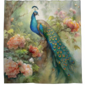 ヴィンテージエレガントブルーグリーンピーコックピンク色の花 シャワーカーテン (正面)