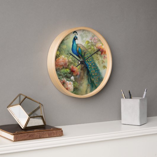 ヴィンテージエレガントブルーグリーンピーコックピンク色の花 壁時計 (オフィス)