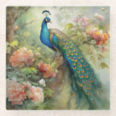 ヴィンテージエレガントブルーグリーンピーコックフローラの葉 ガラスコースター (正面)