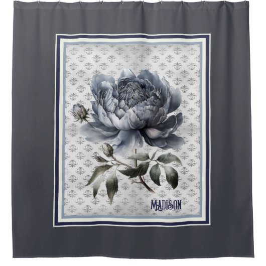 ヴィンテージエレガントブルーチノイスリートイレデジュイ シャワーカーテン (正面)
