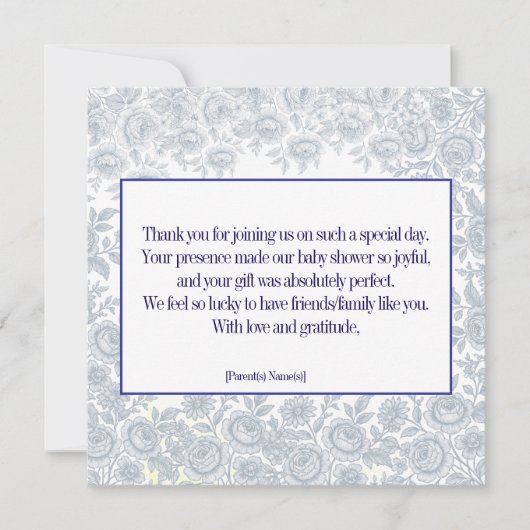 ヴィンテージエレガントブルートイルベビージャーシャワーサンキュー サンキューカード (正面)