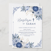 ヴィンテージエレガントブルーフラワーフレームクロスバプテスマ 招待状 (正面)