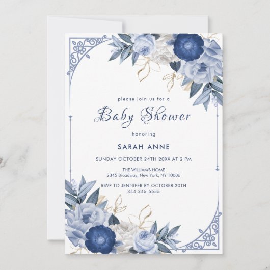 ヴィンテージエレガントブルーフラワーフレーム赤ちゃんシャワー 招待状 (正面)