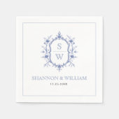 ヴィンテージエレガントブルーフローラクレスト結婚モノグラム スタンダードカクテルナプキン (正面)