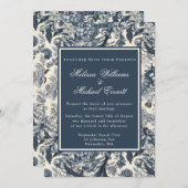 ヴィンテージエレガントブルーフローラトイレフルーリ結婚ーズ 招待状 (正面/裏面)